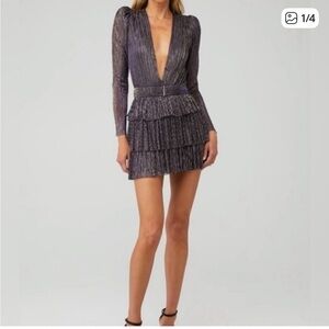 Sabina Musayev Carry Mini Dress Purple Metallic Pleated with Belted size large